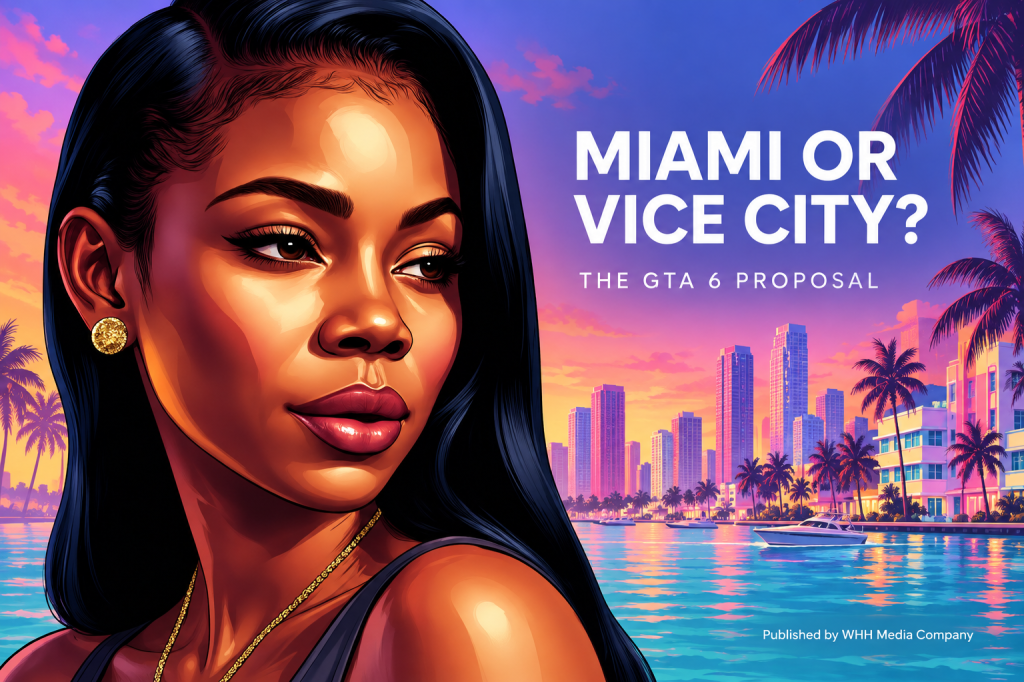Illustrated woman beside a colorful tropical waterfront, with text reading “Miami or Vice City? The GTA 6 Proposal.”