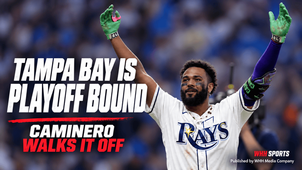 Junior Caminero celebrates as the Tampa Bay Rays clinch a 2026 playoff berth.