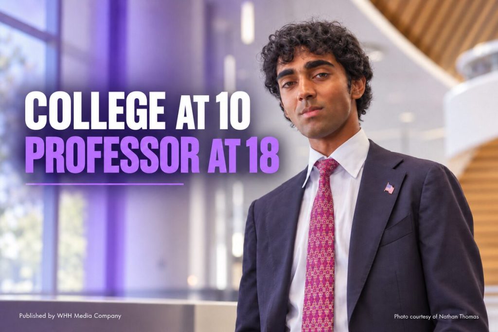 Nathan Thomas beside text reading “College at 10, Professor at 18.”