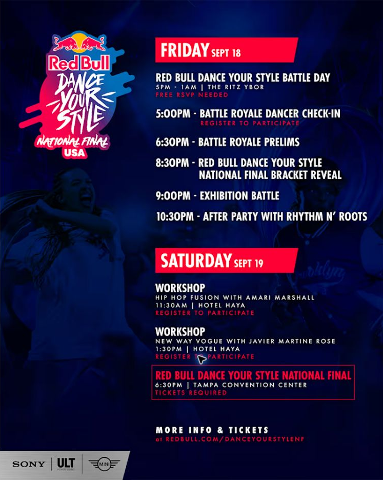 Official Red Bull Dance Your Style USA National Final schedule for Tampa on September 18 and 19, 2026