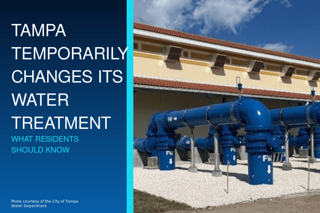 Blue water pipes at a City of Tampa Water Department facility during a temporary water-treatment change.